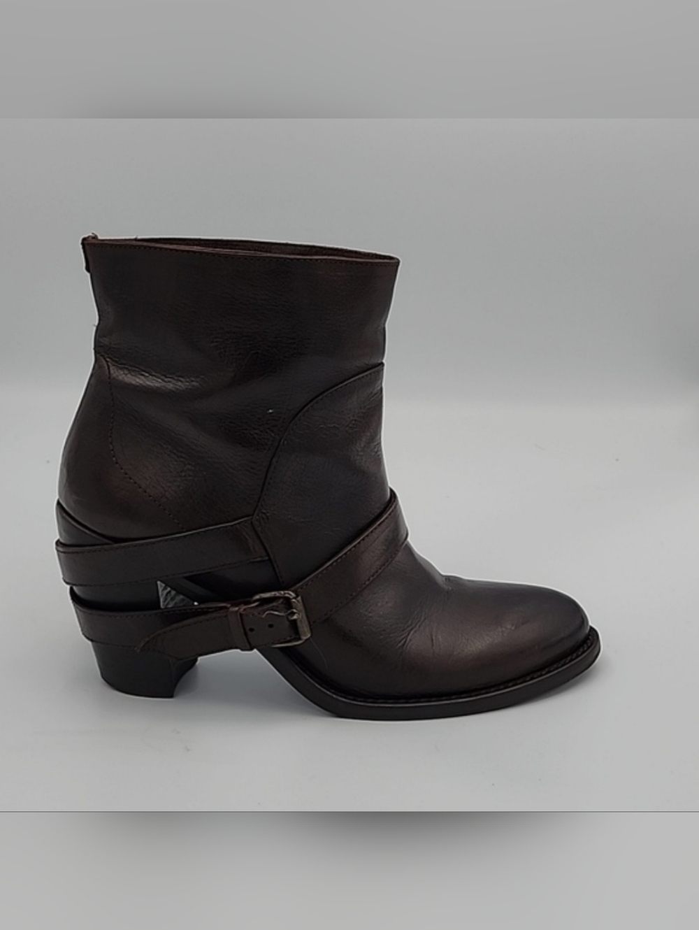 KEY RÉ Chestnut Brown Leather Moto Boots w/Dropped Strapped Block Heels, size 38